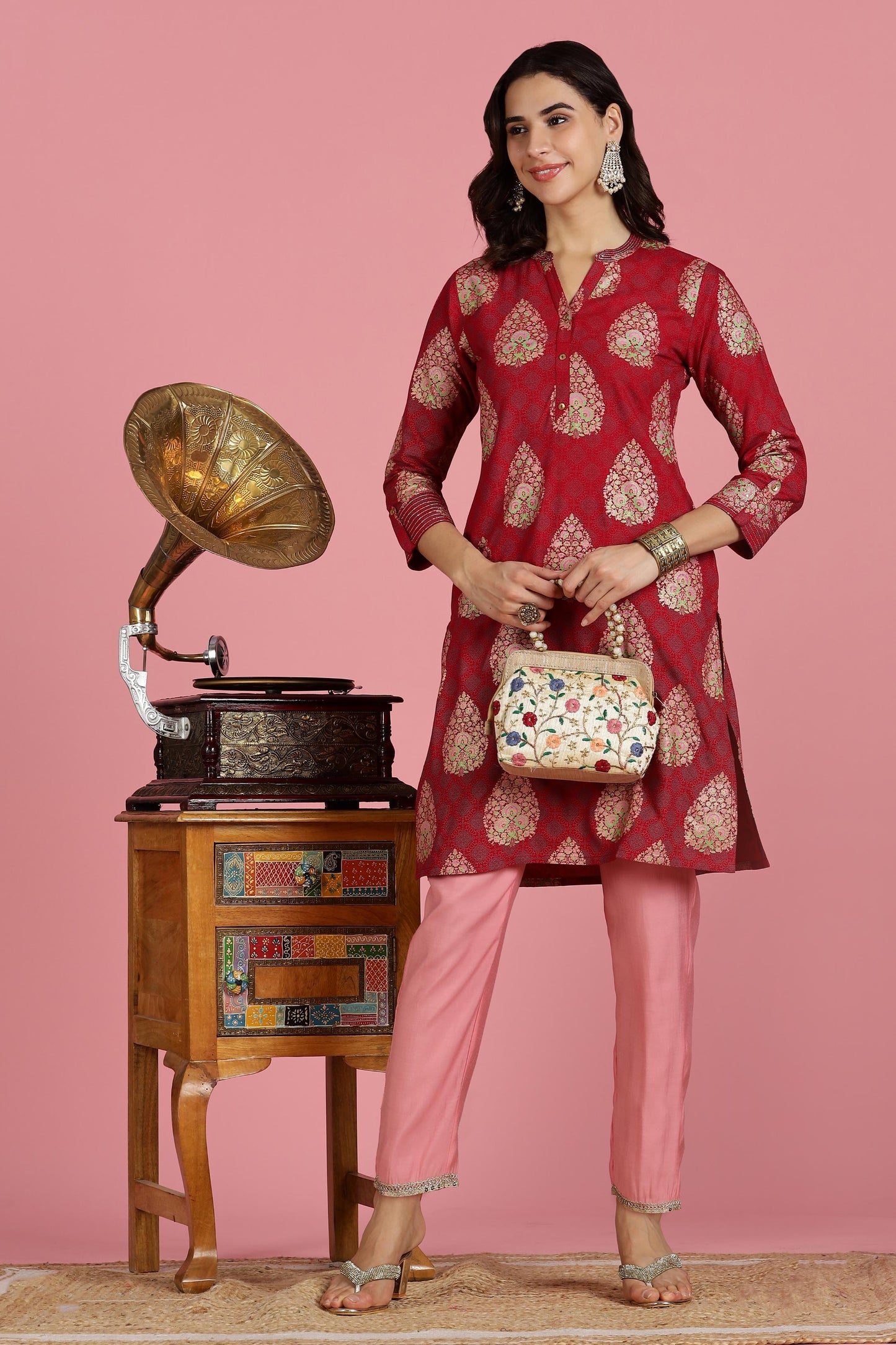 Women Maroon Embroidered Rayon Kurti