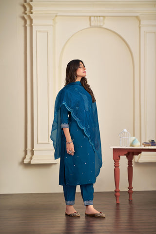 Ragini Teal Resham Thread & Sequin Embroidered Kurta Set with Sequin Dupatta in Chanderi Silk with Cotton Mul Lining