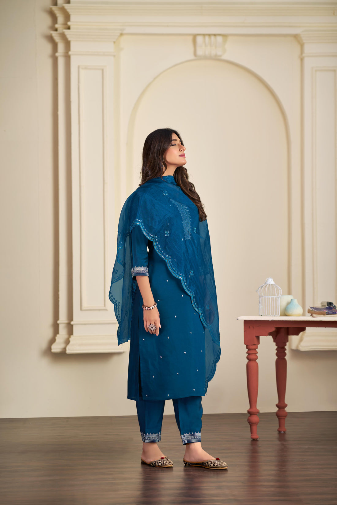Ragini Teal Resham Thread & Sequin Embroidered Kurta Set with Sequin Dupatta in Chanderi Silk with Cotton Mul Lining