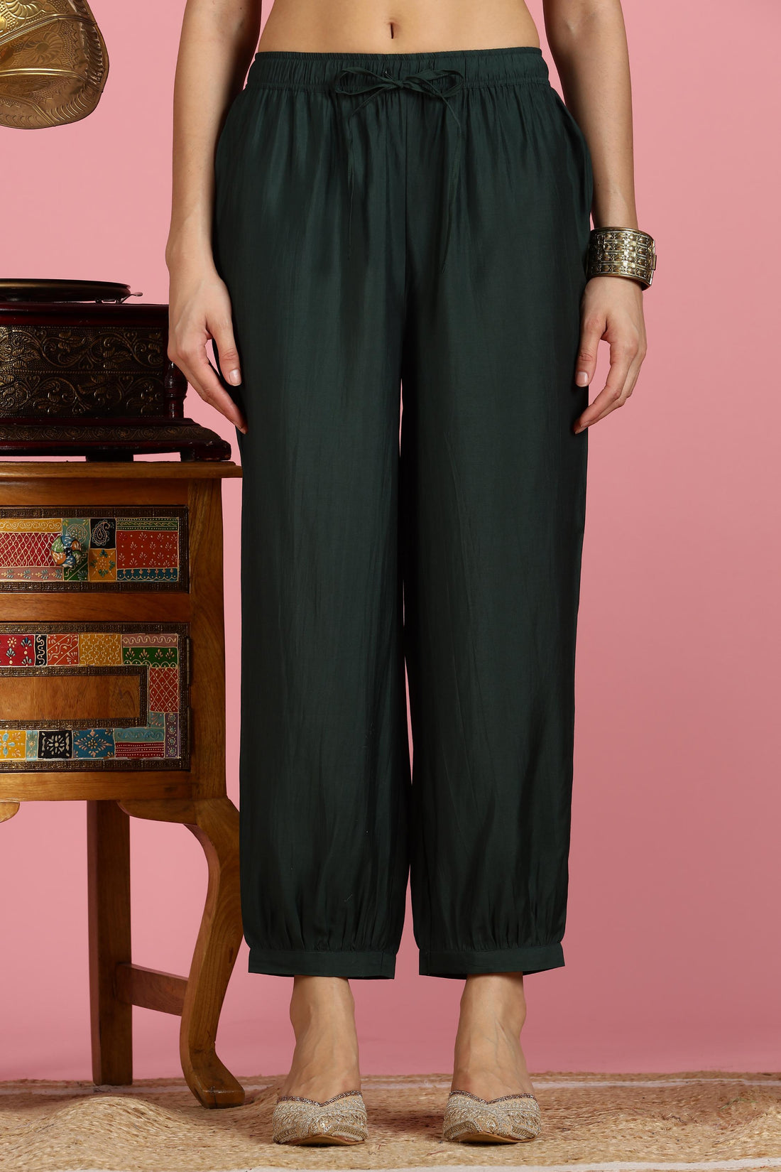 Dark Green Solid Chanderi Silk Kurta Set with Zari Thread Embroidered Yoke and Coin Embellishment Detailing