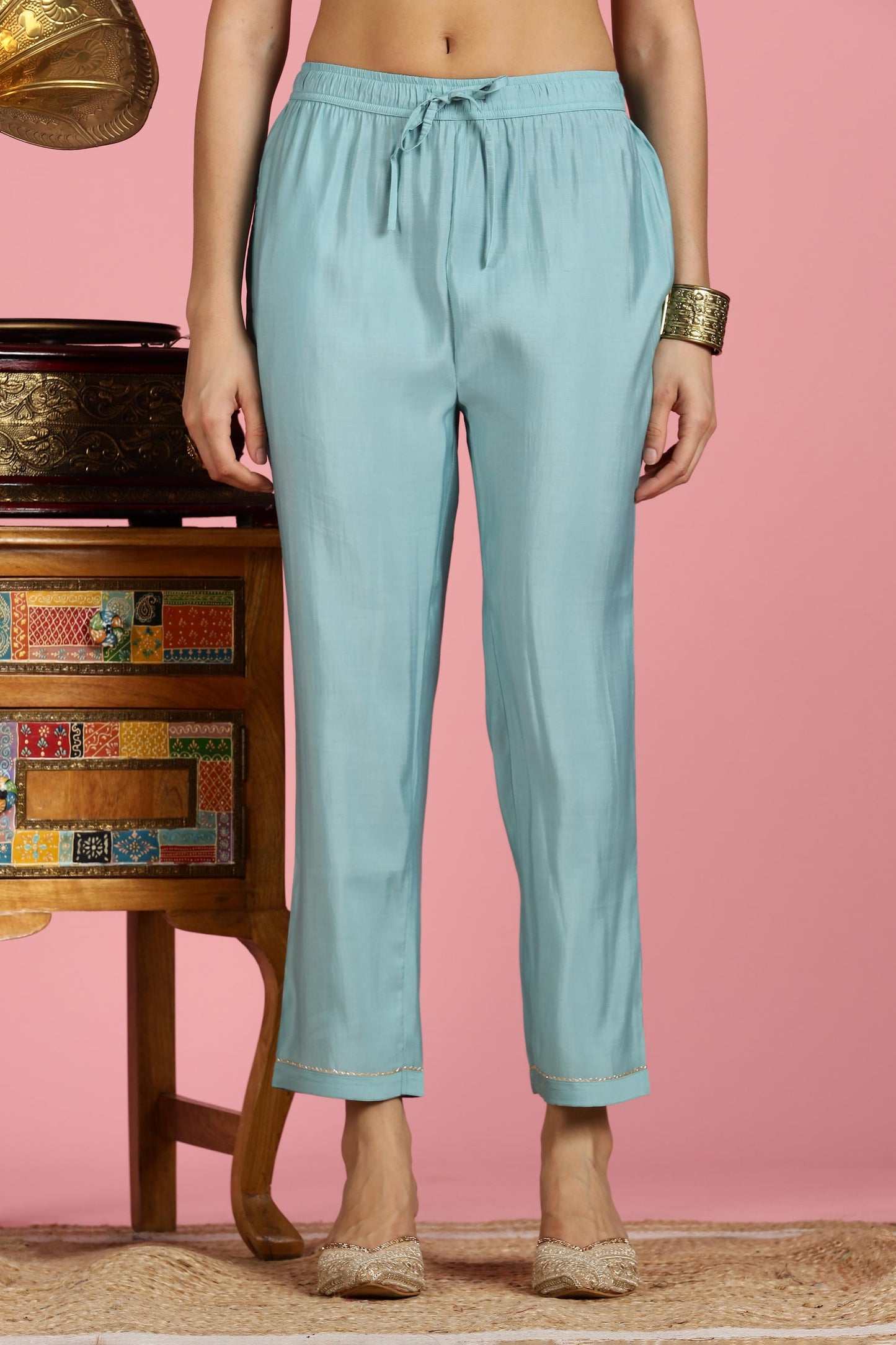 Women Sky Blue Dori Embroidered Roman Silk Kurta Set