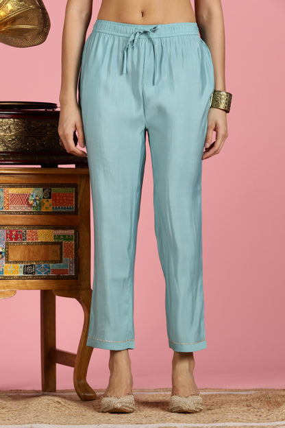 Sky Blue Chanderi Silk Kurta Set with Zari Embroidered Neckline, Sequin Detailing and Cotton Mul Lining