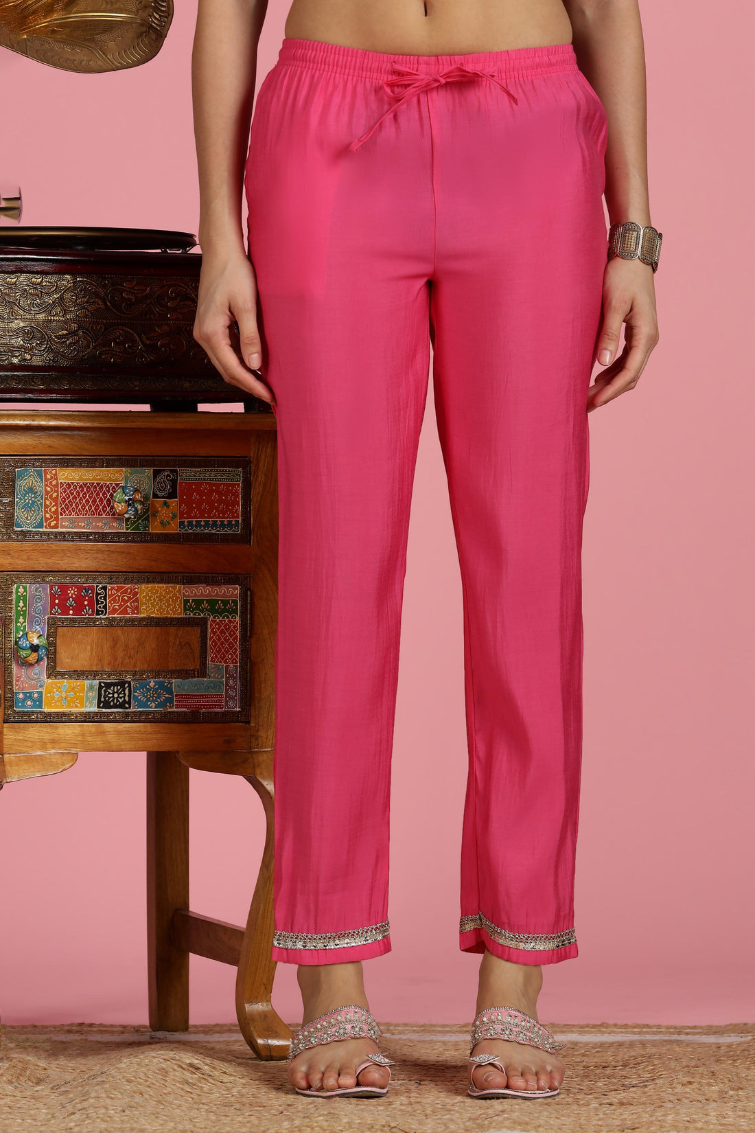 Blush Pink Floral Kota Doriya Kurta Set with Zari & Sequin Hand Embellished Neckline and Cotton Mul Lining