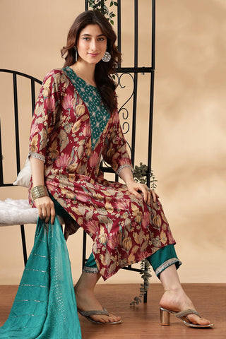 Areba Olive & Maroon Printed Salwar Suit with Intricate Zari Lattice Hand Embroidery Neck Panel in Viscose
