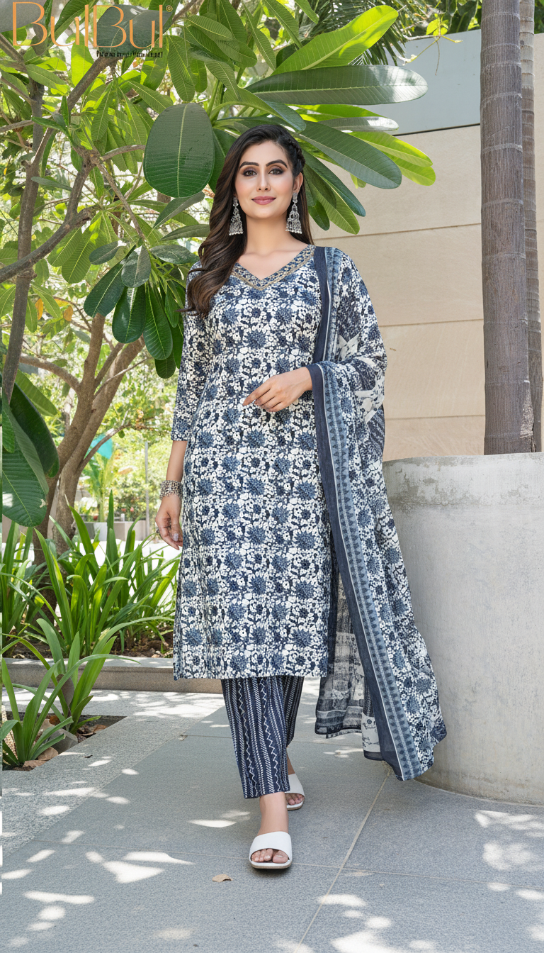 Pure Cotton Navy Floral Printed Kurta Set with Sequin Embellished Neckline & Dupatta