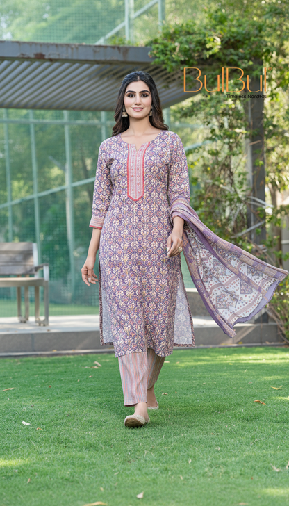 Pure Cotton Fashionista Purple Printed Kurta Set with Thread Embroidery, Mirror & Sequin Detailed Neck Panel and Dupatta