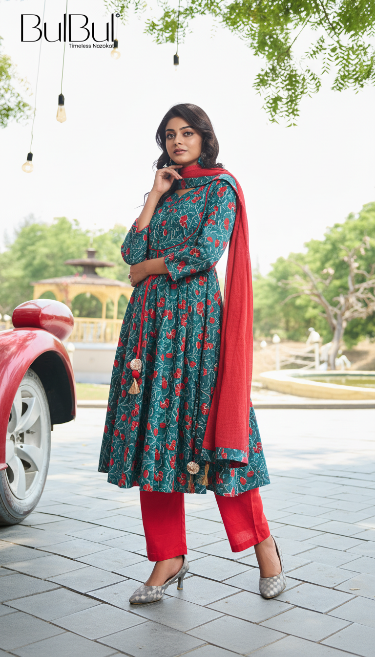 Anupama Blue Floral Printed Pure Cotton Kurta Set with Thread Embroidery and Handcrafted Sequin Work with Dupatta
