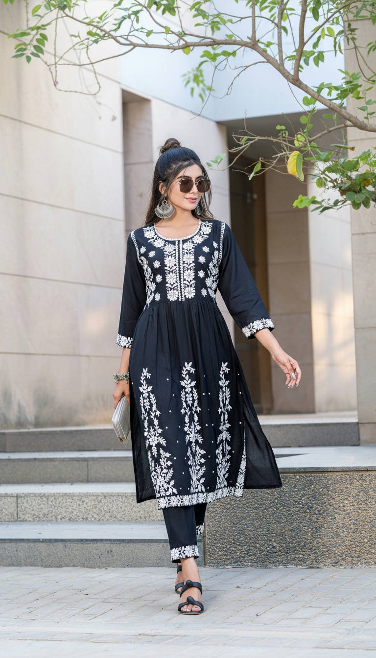 Arushi Black Rayon Kurta Set with Lucknawi Work