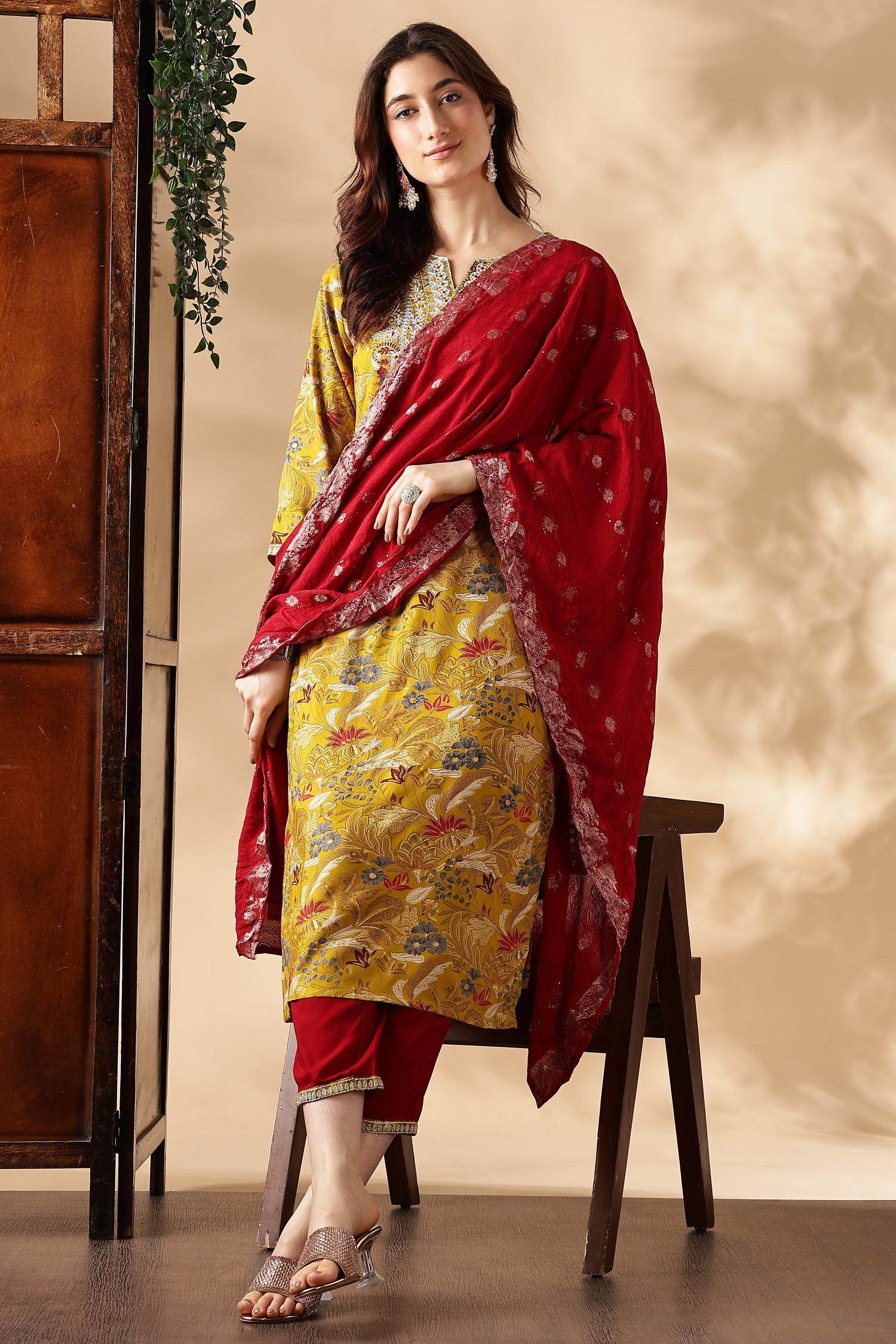 Alfina Yellow Rayon Kurta Set with Dupatta - BulBul