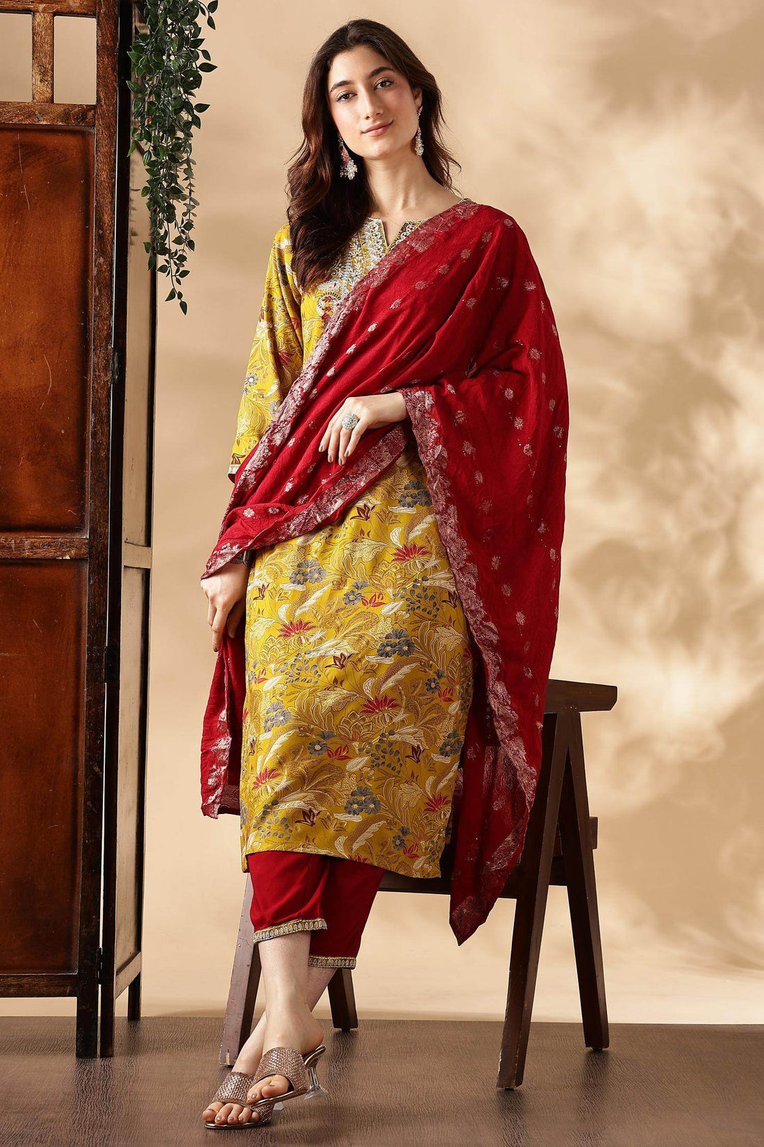Alfina Yellow Rayon Kurta Set with Dupatta - BulBul