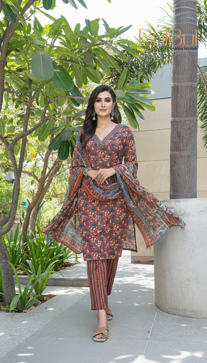 Pure Cotton Fashionista Rust Floral Printed Kurta Set with Contrast Thread-Detailed V-Neck and Dupatta