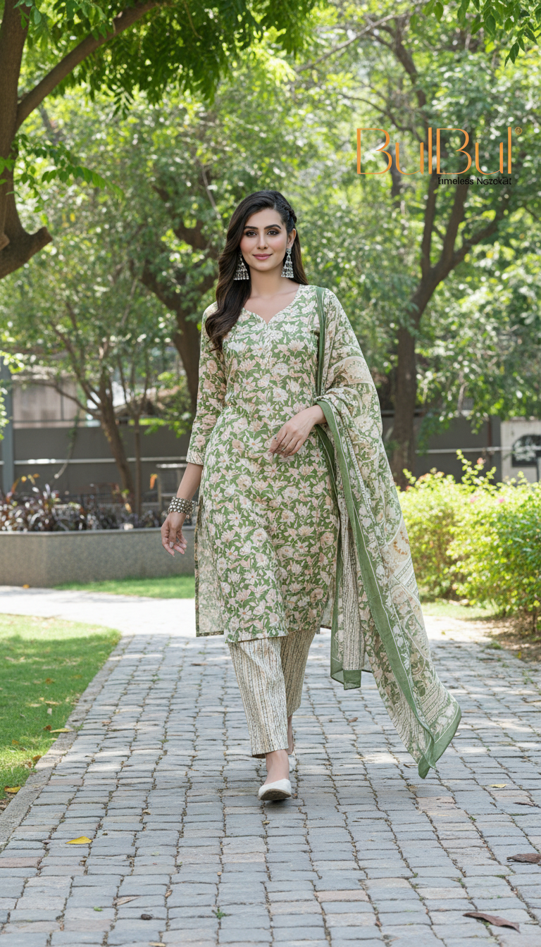 Pure Cotton Green Printed Kurta Set with Floral Sequin Highlights & Dupatta