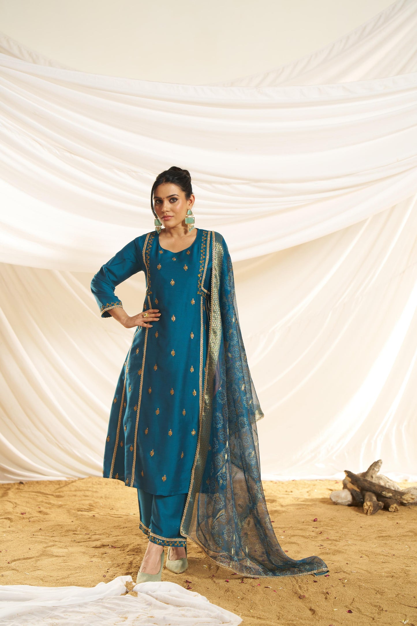 BulBul Women Kayra Teal Embroidered Premium Silk Suit With Dupatta