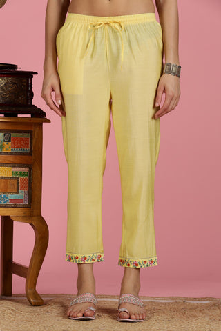 Yellow Chanderi Silk Kurta Set with Resham Floral Embroidery, Zari Highlights and Gota Patti Lace Detailing