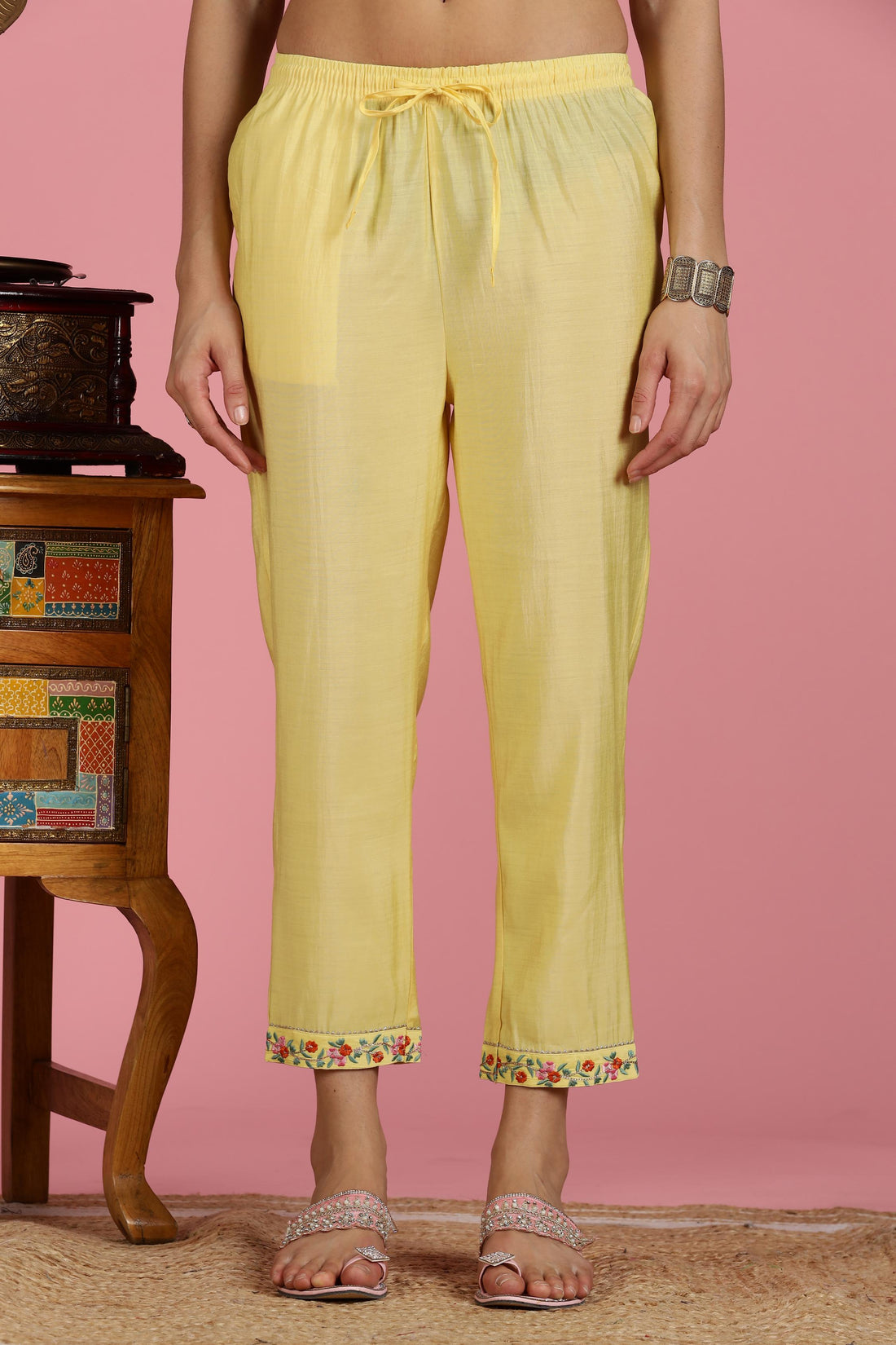 Yellow Chanderi Silk Kurta Set with Resham Floral Embroidery, Zari Highlights and Gota Patti Lace Detailing