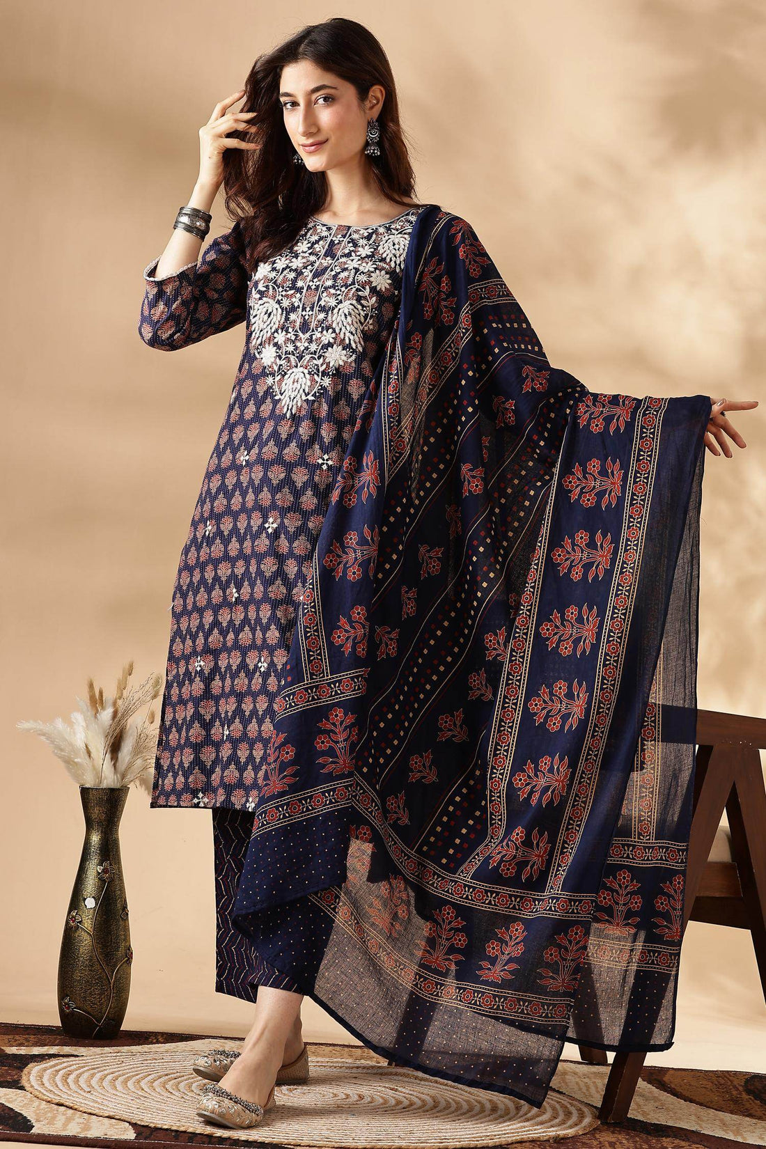 Navy Cotton Abstract Kurta Set with Dupatta - BulBul