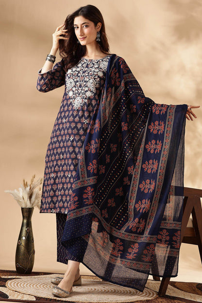Navy Cotton Abstract Kurta Set with Dupatta - BulBul