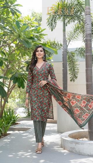 Pure Cotton Fashionista Green Floral Printed Kurta Set with Contrast Thread-Detailed V-Neck and Dupatta