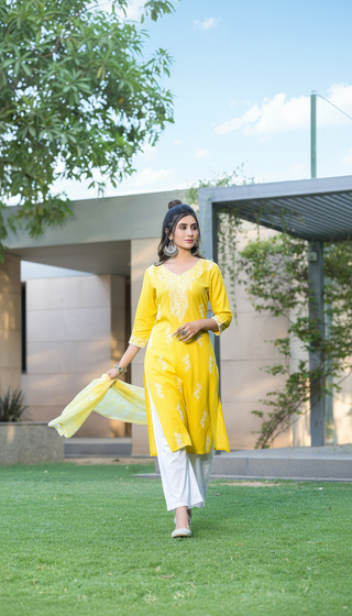 Pooja Sunshine Yellow Viscose Kurta Set with Lucknowi Style White Paisley Embroidery and Dupatta