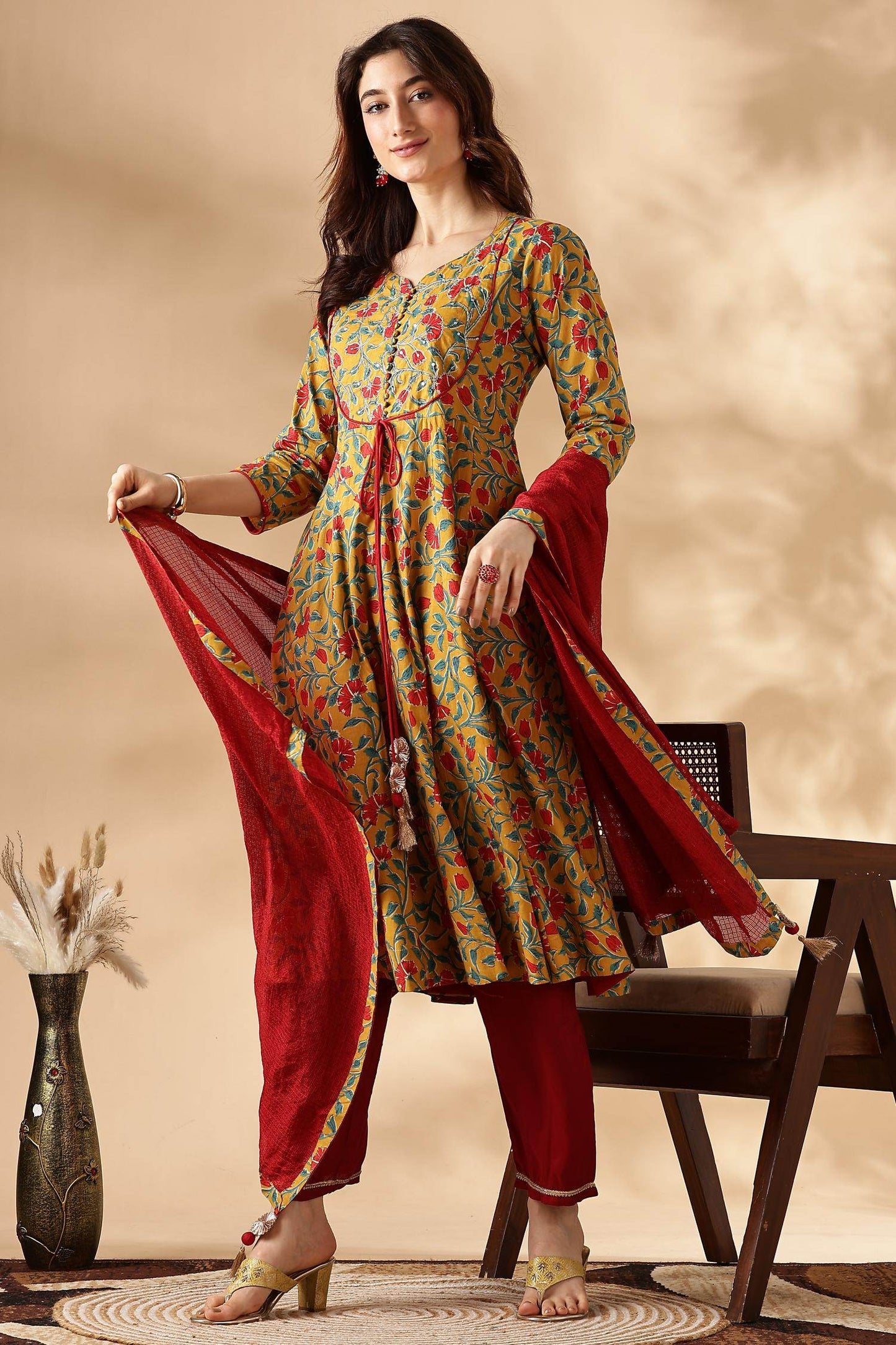Anupama Cotton Mustard Kurta Set with Dupatta - BulBul