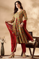 Anupama Mustard Floral Printed Pure Cotton Kurta Set with Thread Embroidery and Handcrafted Sequin Work with Dupatta