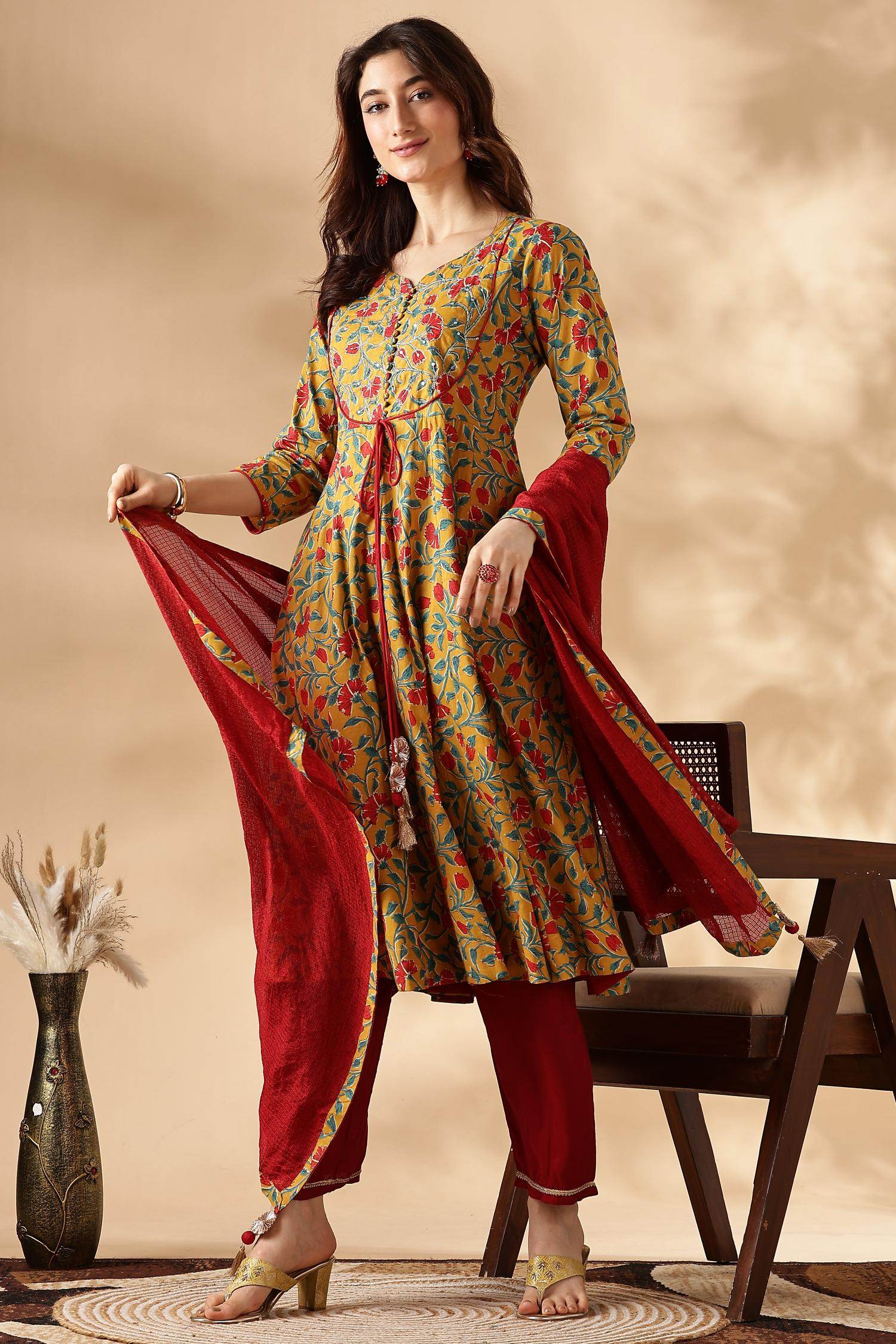 Anupama Cotton Mustard Kurta Set with Dupatta - BulBul
