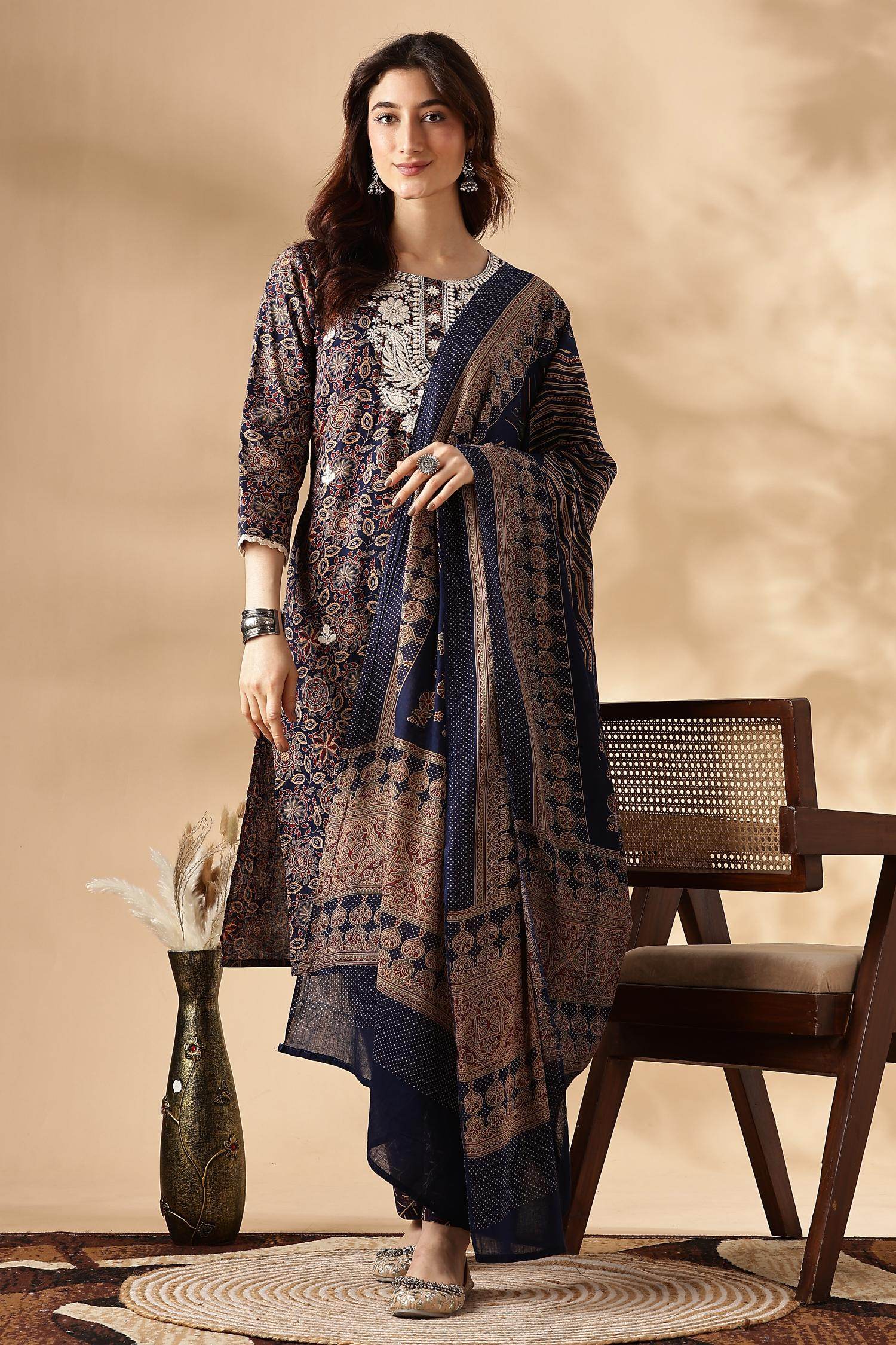 Cotton Navy Kurta Set with Dupatta - BulBul