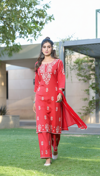 Akshyani Rust Embroidered Viscose Kurta Set with Intricate White Chikankari Style Detailing and Dupatta