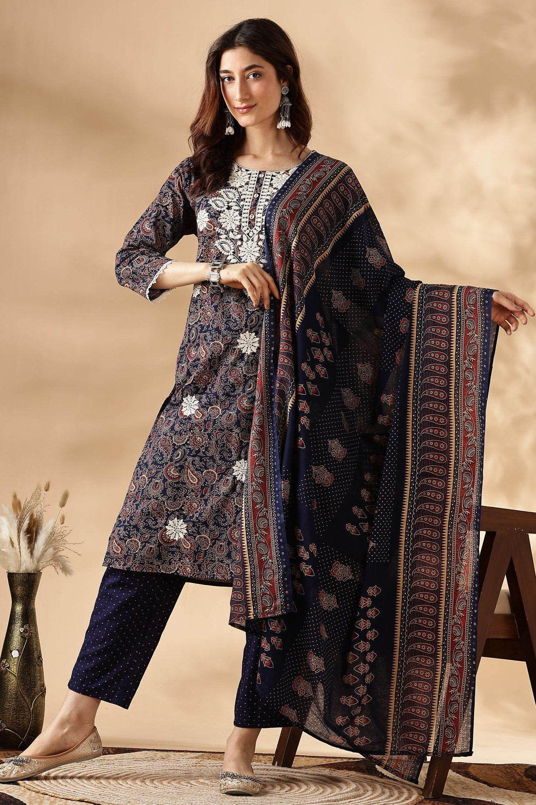 Embroidered Cotton Navy Kurta Set with Dupatta - BulBul