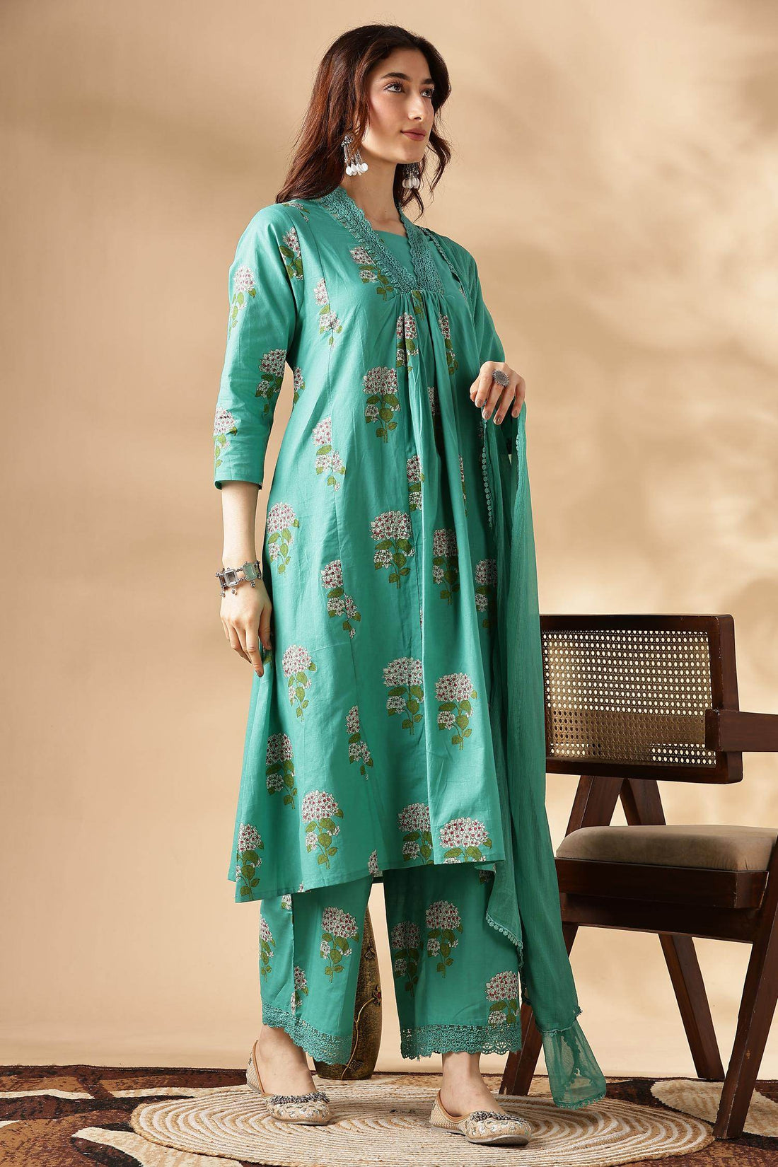 Karishma Cotton Green Kurta Set with Dupatta - BulBul