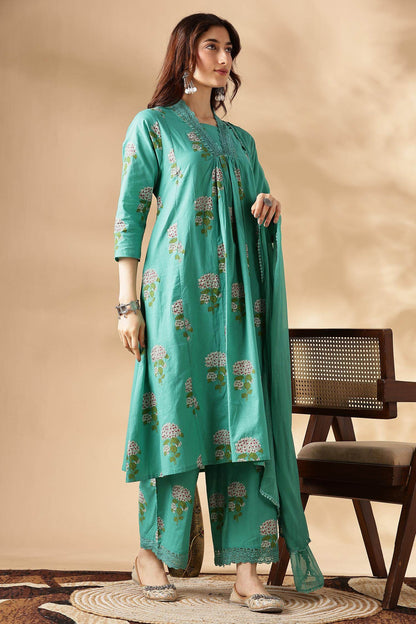 Karishma Cotton Green Kurta Set with Dupatta - BulBul