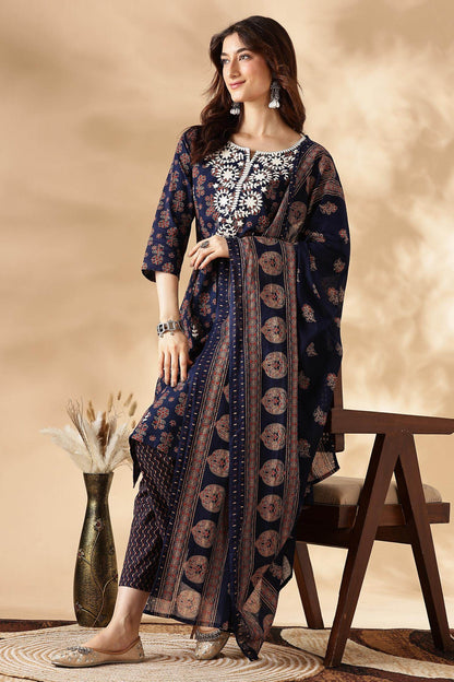 Navy Blue Cotton Kurta Set with Dupatta - BulBul
