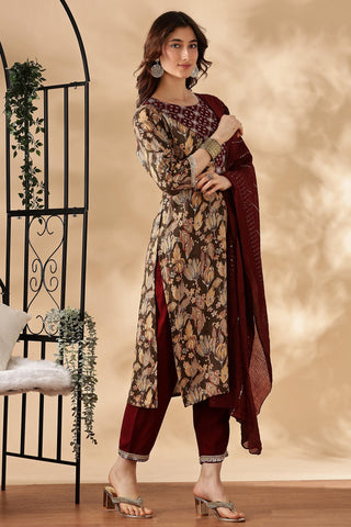 Areba Wine & Teal Printed Salwar Suit with Intricate Zari Lattice Hand Embroidery Neck Panel in Viscose