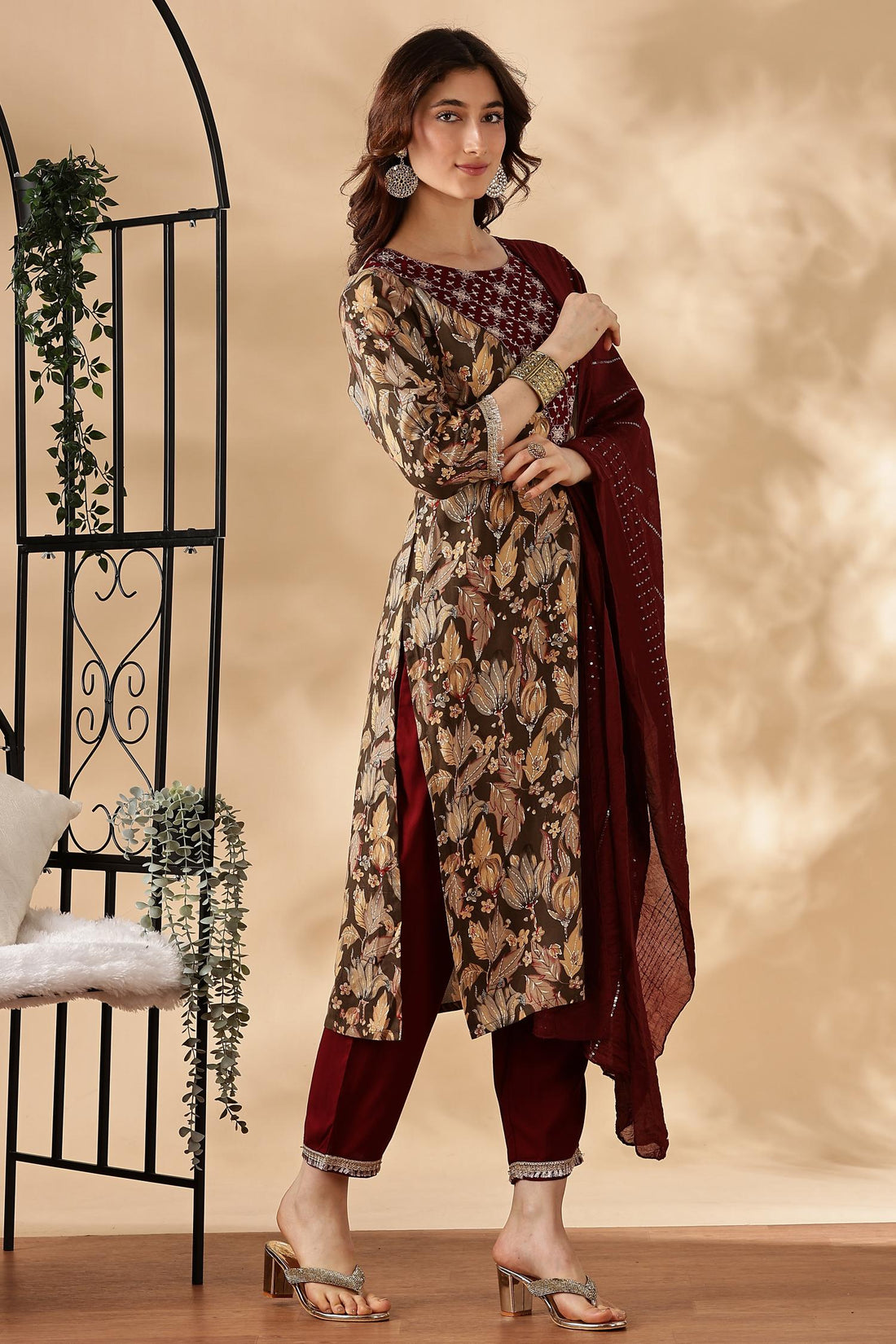 Areba Wine & Teal Printed Salwar Suit with Intricate Zari Lattice Hand Embroidery Neck Panel in Viscose