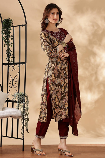 Areba Wine & Teal Printed Salwar Suit with Intricate Zari Lattice Hand Embroidery Neck Panel in Viscose