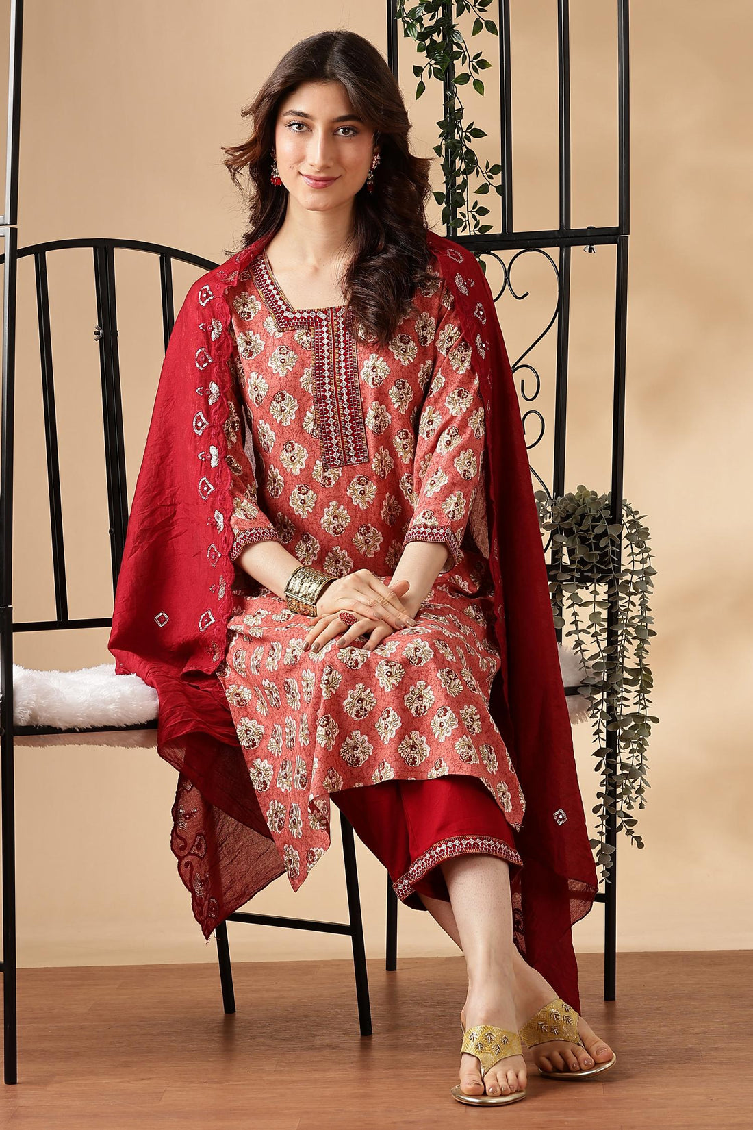 Shamaira Rust Ethnic Printed Salwar Suit with Thread Embroidered Neck Panel in Viscose