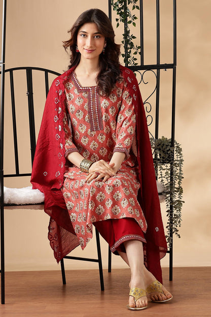 Shamaira Rust Ethnic Printed Salwar Suit with Thread Embroidered Neck Panel in Viscose