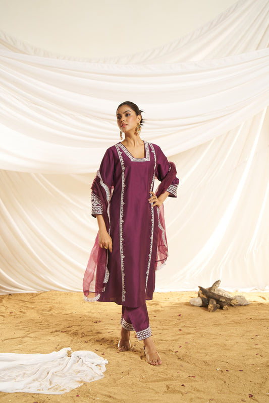 Kayra Wine Hand Aari Embroidered A-Line Suit Set in Chinnon Silk with Pure Cotton Mul Lining