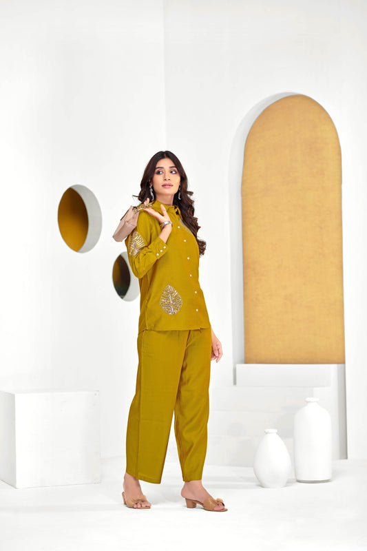 Saroj Mustard Chanderi Co-Ord Set - BulBul