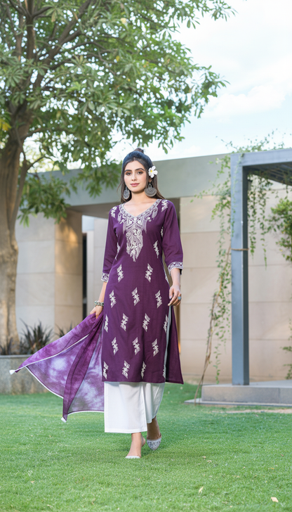 Pooja Purple Viscose Kurta Set with Lucknowi Style White Paisley Embroidery and Dupatta