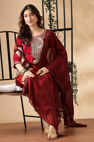 Roli Floral Printed Red Salwar Suit with Handcrafted Zari & Mirror Embroidered Neckline in Viscose