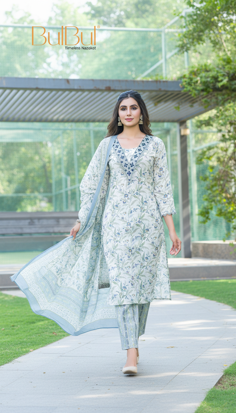 Pure Cotton Fashionista Blue Floral Printed Kurta Set with Mirror & Thread Embroidered Neckline