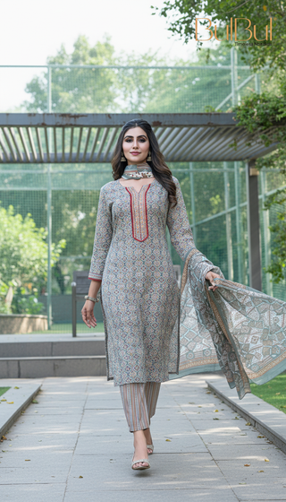 Pure Cotton Fashionista Grey Printed Kurta Set with Thread Embroidery, Mirror & Sequin Detailed Neck Panel and Dupatta