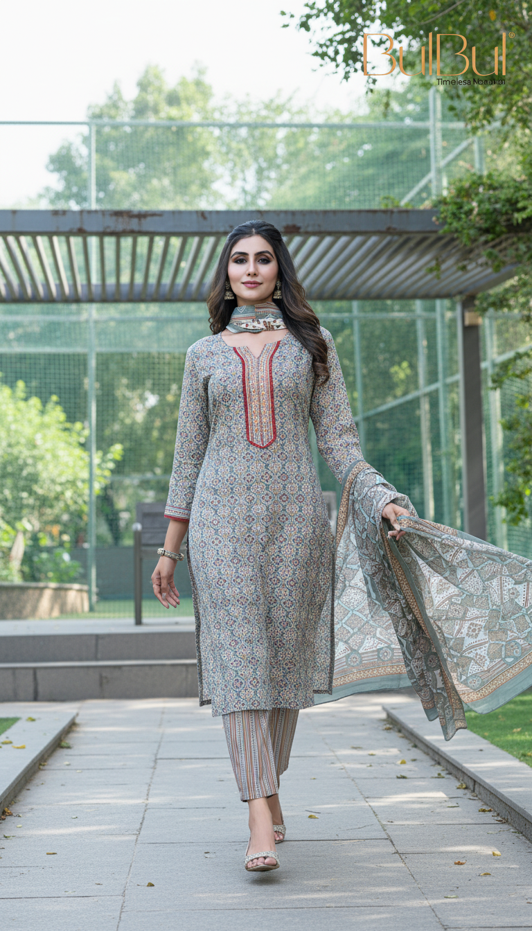 Pure Cotton Fashionista Grey Printed Kurta Set with Thread Embroidery, Mirror & Sequin Detailed Neck Panel and Dupatta