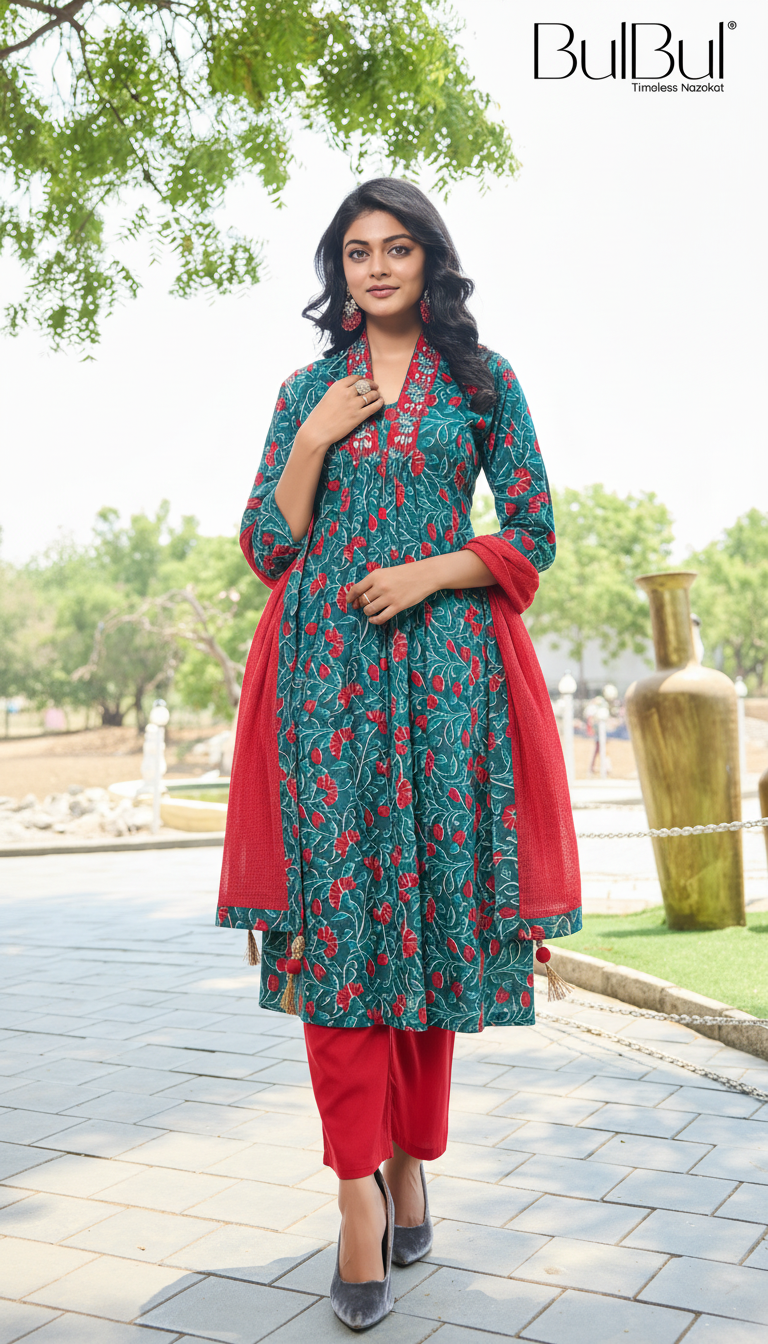 Pure Cotton Anupriya Blue Floral Printed Pure Cotton Kurta Set with Resham Thread Embroidered Neckline and Handcrafted Mirror Work with Dupatta