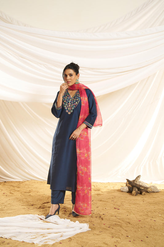 Kayra Navy Multicolor Hand Embroidered Straight Fit Suit Set in Chinnon Silk with Pure Cotton Mul Lining