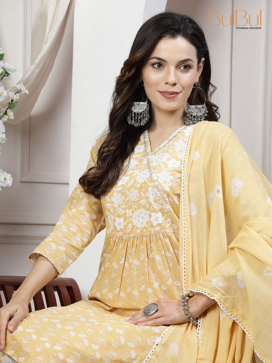 Pure Cotton Gulfam Off White Floral Printed Kurta Set with Cotton Mul Lining, Glass Bugle Handwork Neckline and Dupatta