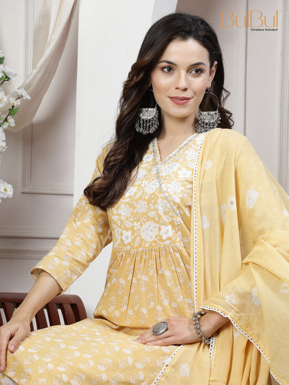 Pure Cotton Gulfam Off White Floral Printed Kurta Set with Cotton Mul Lining, Glass Bugle Handwork Neckline and Dupatta