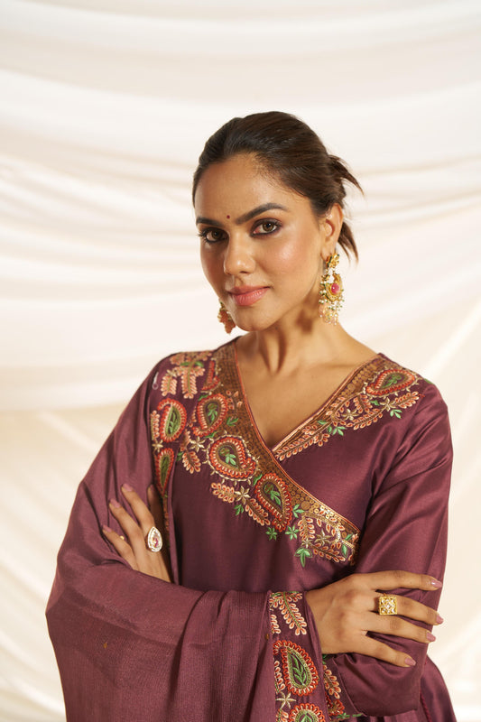 Kayra Wine Paisley Hand-Embroidered & Coin Sequin Work Angrakha Suit Set in Chinnon Silk with Cotton Mul Lining