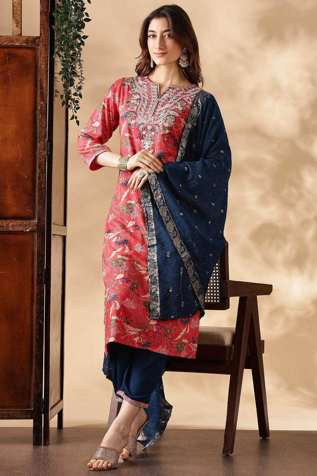 Alfina Red Rayon Kurta Set with Dupatta - BulBul